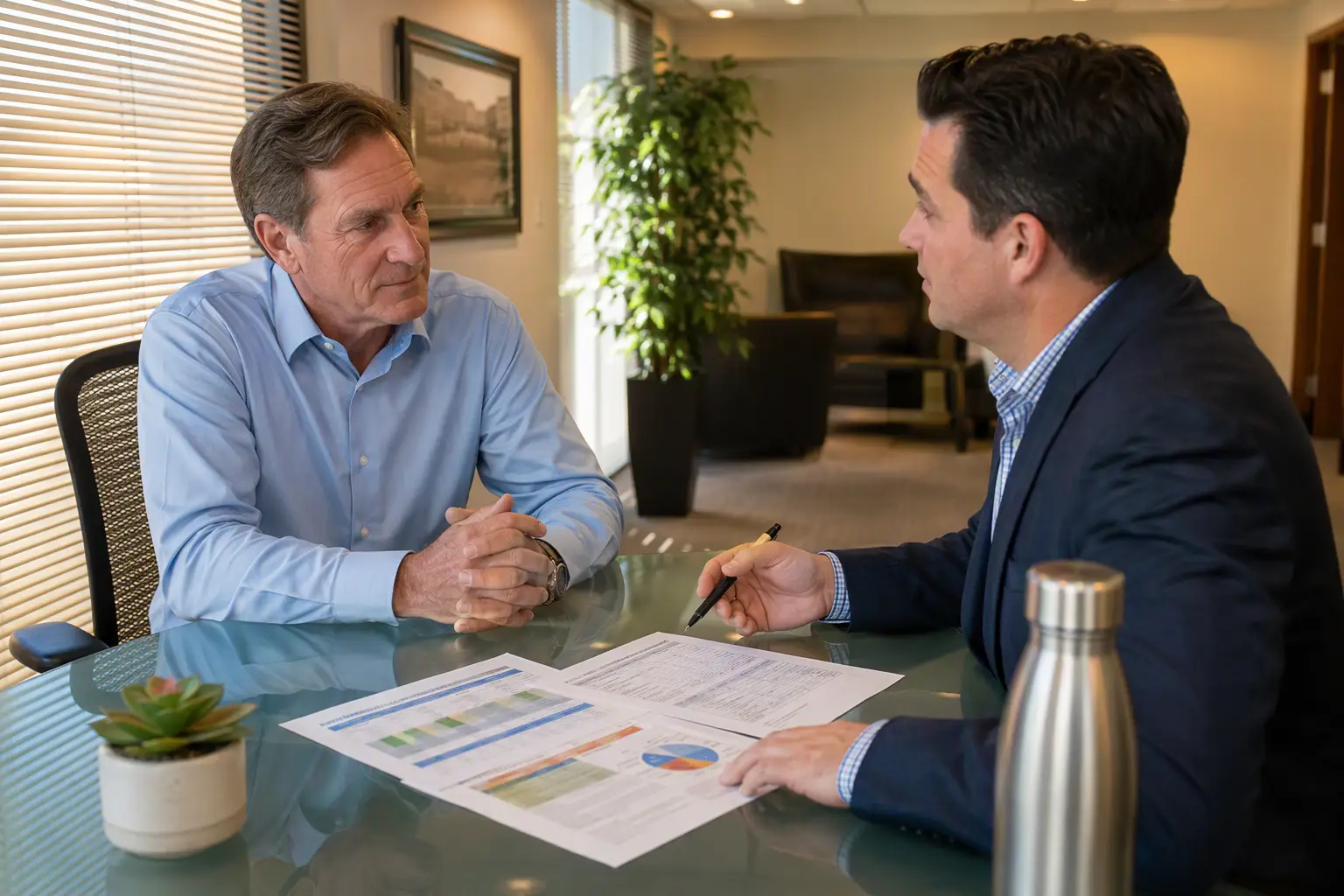 Comparing Elevator Service Contract Types Building manager comparing full maintenance and partial maintenance elevator servicing contracts with a service consultant in an Orange County CA office