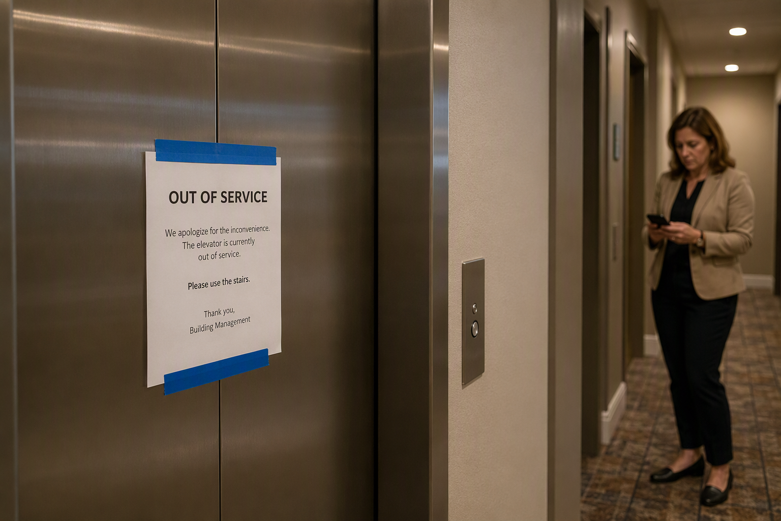 Building manager posting an out-of-service notice on elevator doors in a Long Beach CA residential hallway during an unexpected elevator shutdown