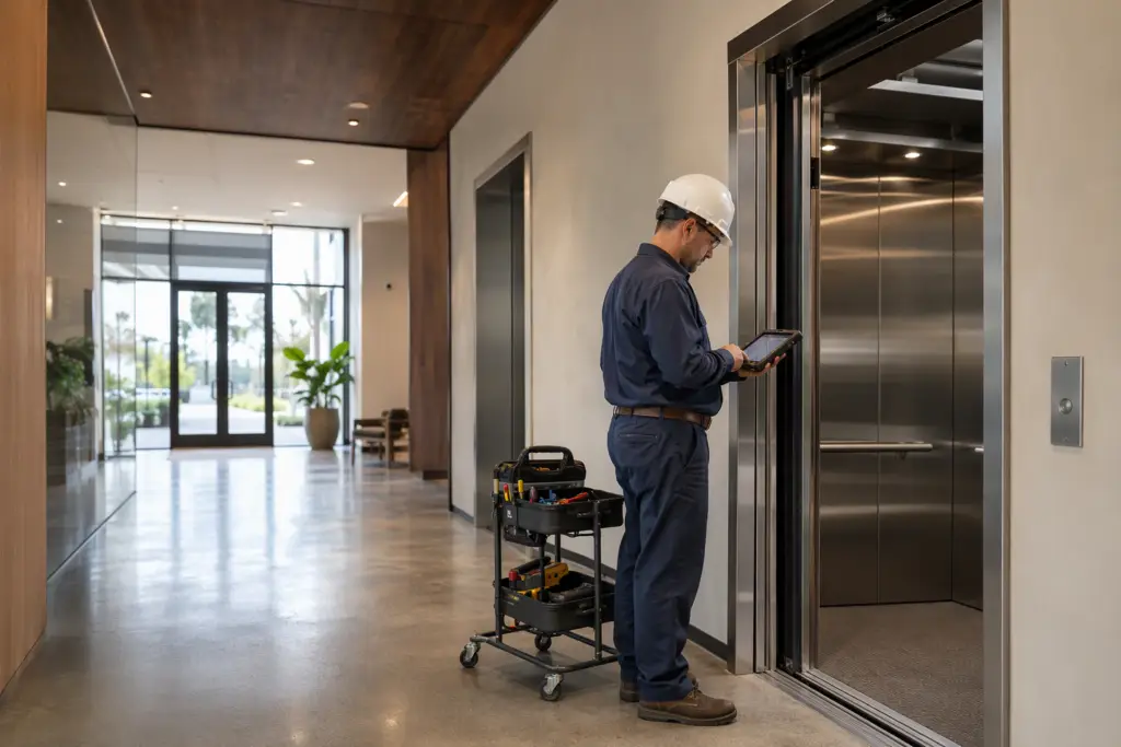 Certified elevator mechanic reviewing diagnostics at an open elevator door in a Signal Hill CA commercial building lobby during an emergency service call