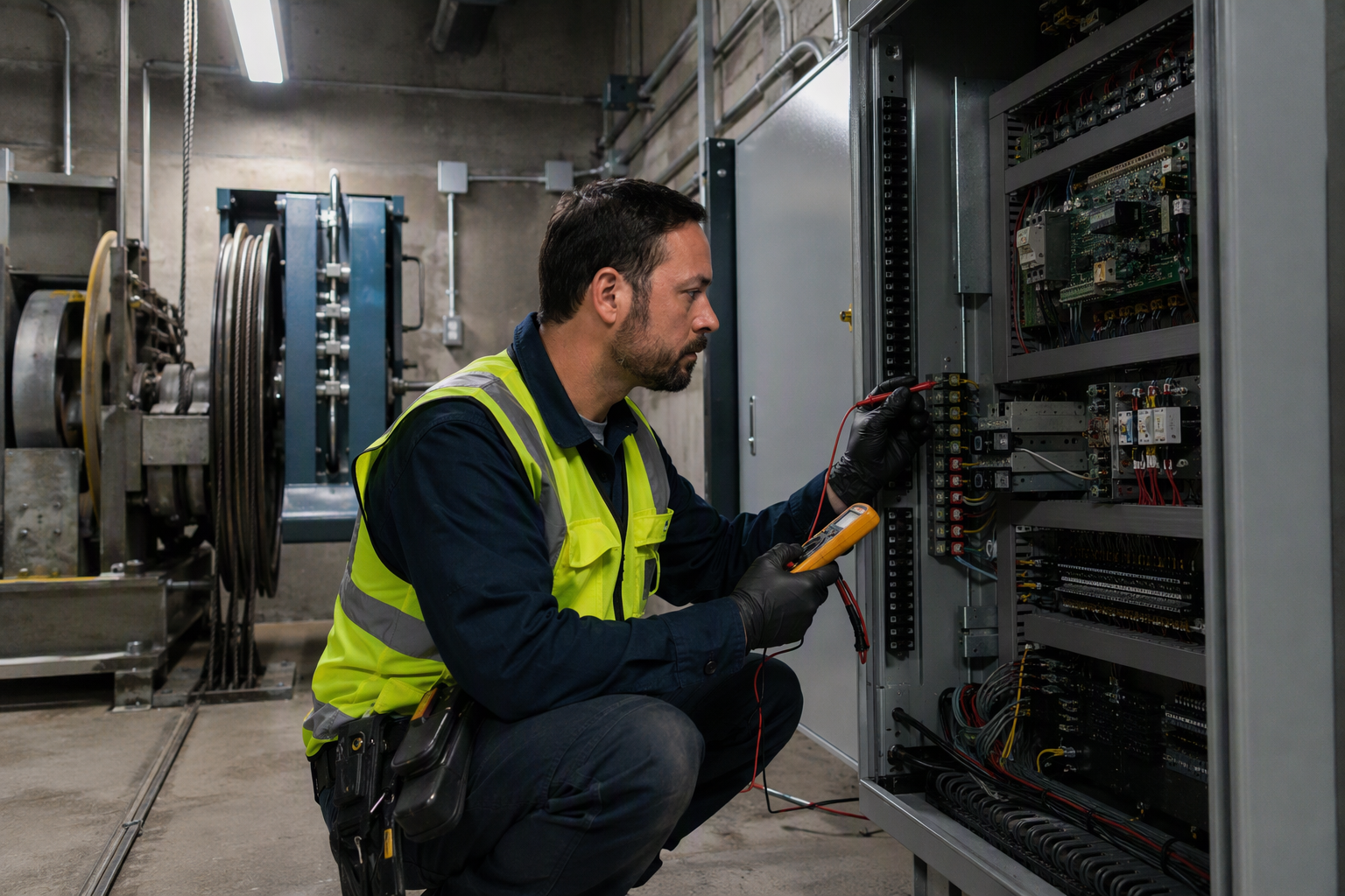 Cal/OSHA-certified elevator mechanic diagnosing a controller fault inside a Los Angeles commercial building machine room during a post-breakdown repair