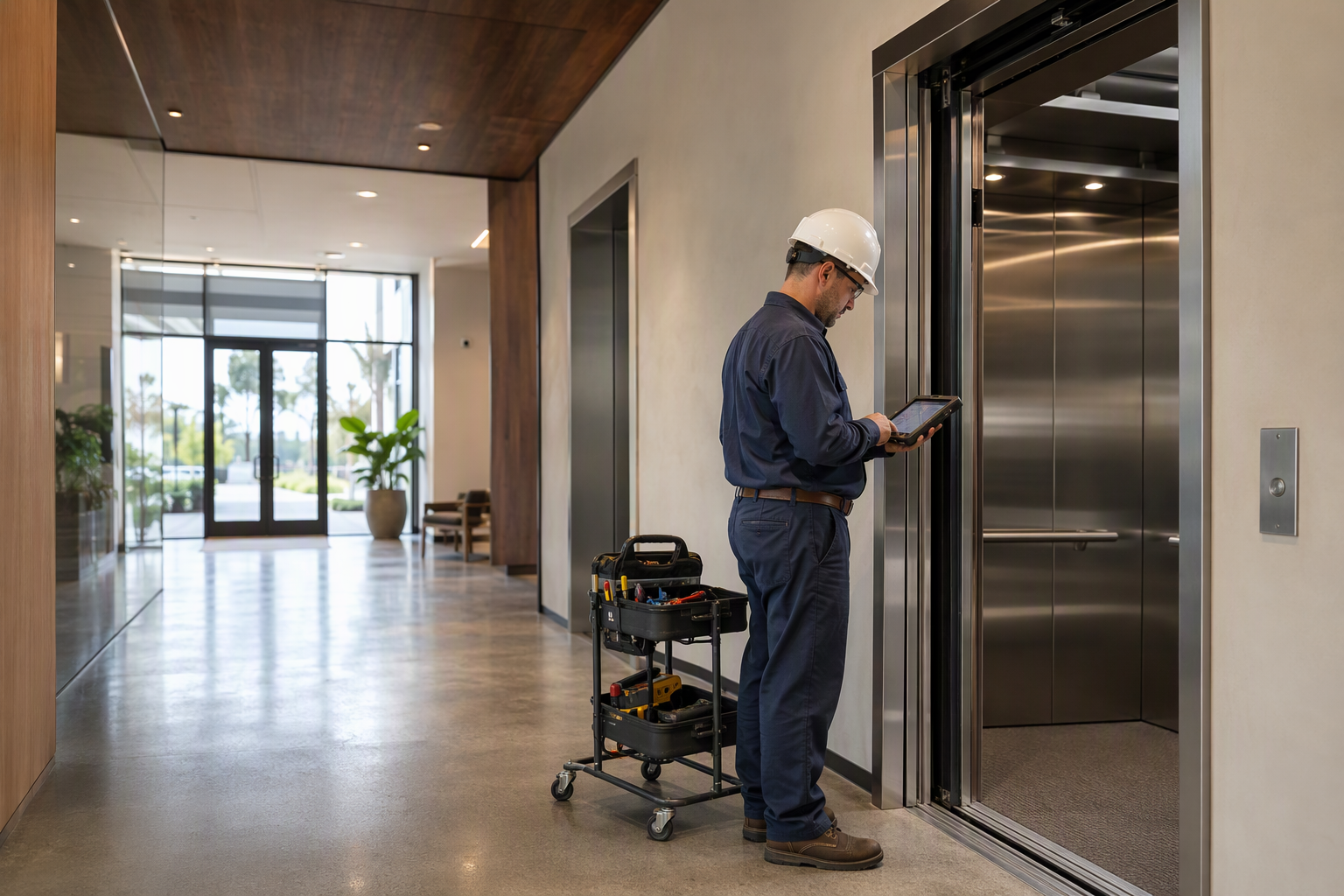 Certified elevator mechanic reviewing diagnostics at an open elevator door in a Signal Hill CA commercial building lobby during an emergency service call