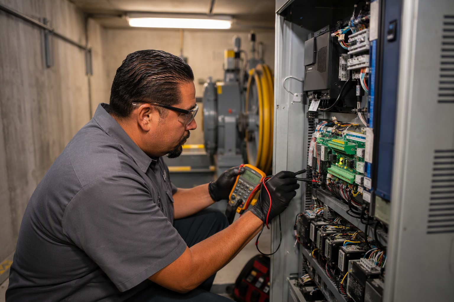Elevator mechanic diagnosing controller fault in machine room during unplanned shutdown repair in Los Angeles or Orange County healthcare facility