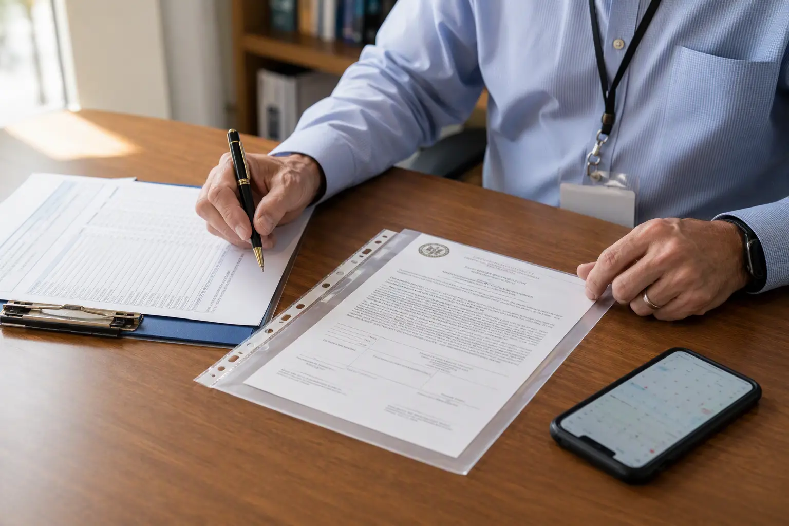Facilities manager reviewing elevator permit to operate and Cal/OSHA reinspection checklist to restore elevator service in Los Angeles or Orange County
