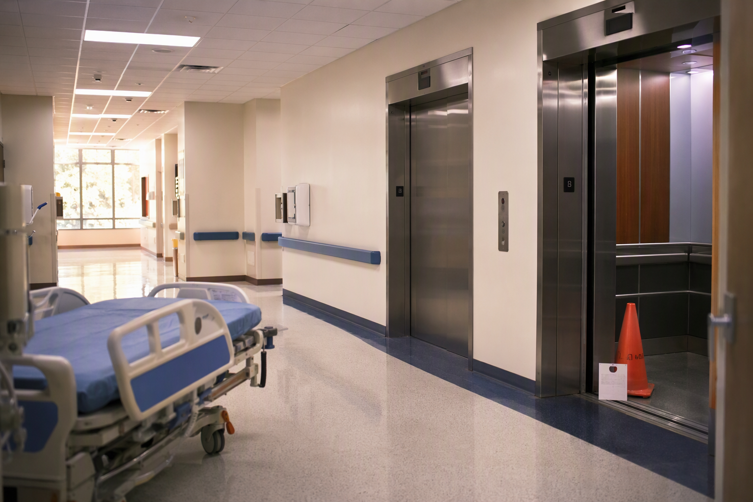 Hospital elevator out of service in Los Angeles healthcare facility with orange safety cone blocking door, highlighting need for fast elevator restoration in LA or Orange County