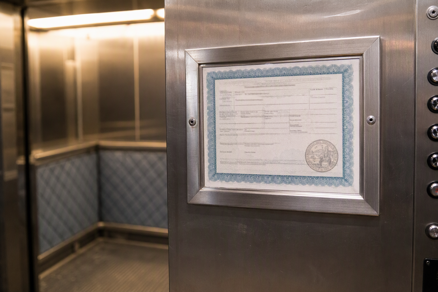 Cal/OSHA elevator inspection permit displayed inside a California healthcare facility service elevator cab, representing required compliance with state elevator safety regulations