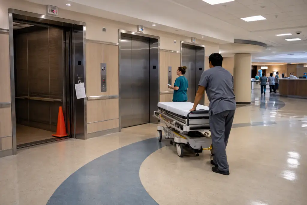 Hospital elevator bank in Long Beach CA with one cab out of service, showing how elevator downtime disrupts patient transport and healthcare facility operations