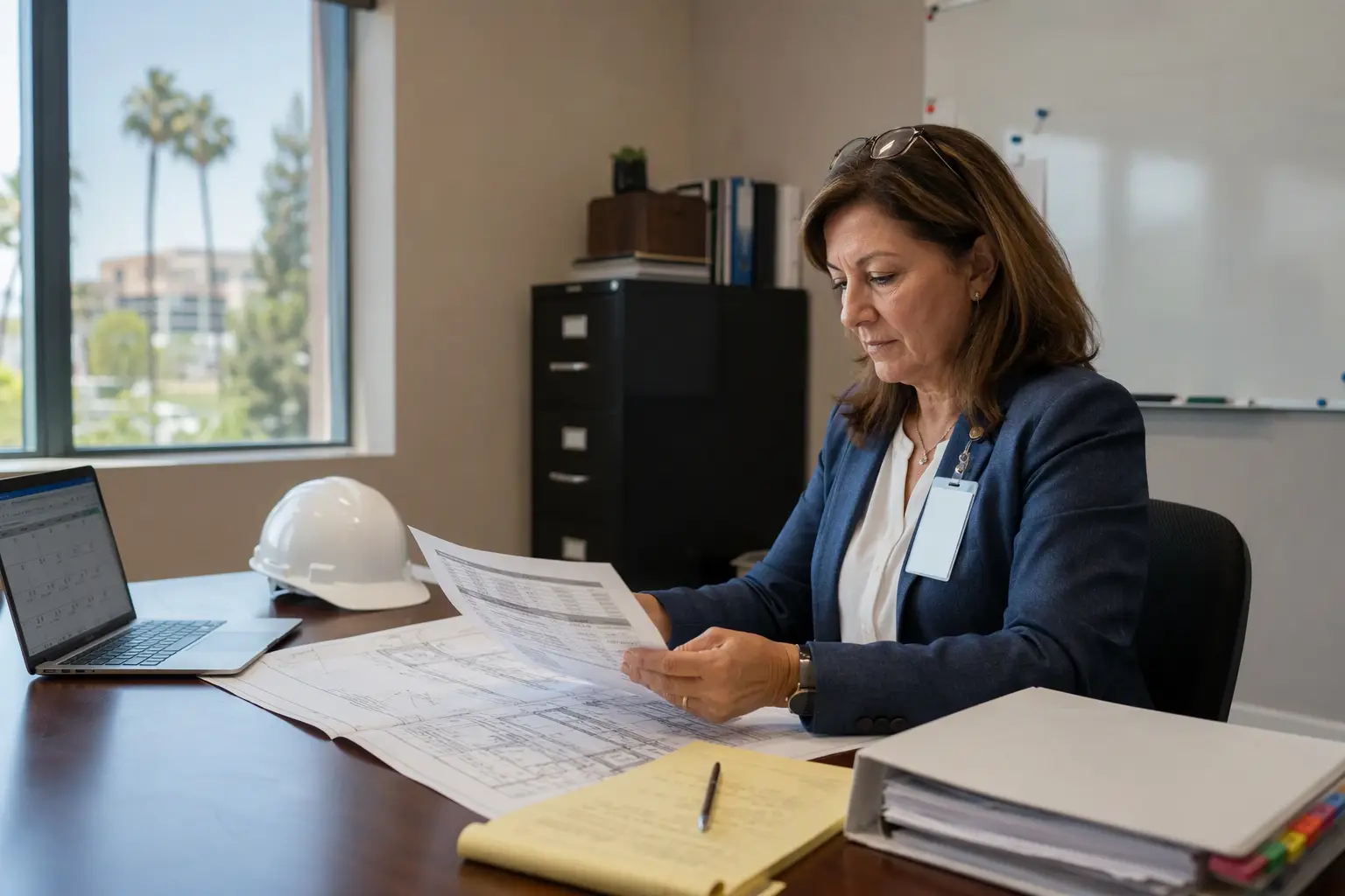 Hospital facility manager in Los Angeles reviewing elevator maintenance contracts and California compliance schedules to minimize healthcare elevator downtime and meet ASME A17.1 standards