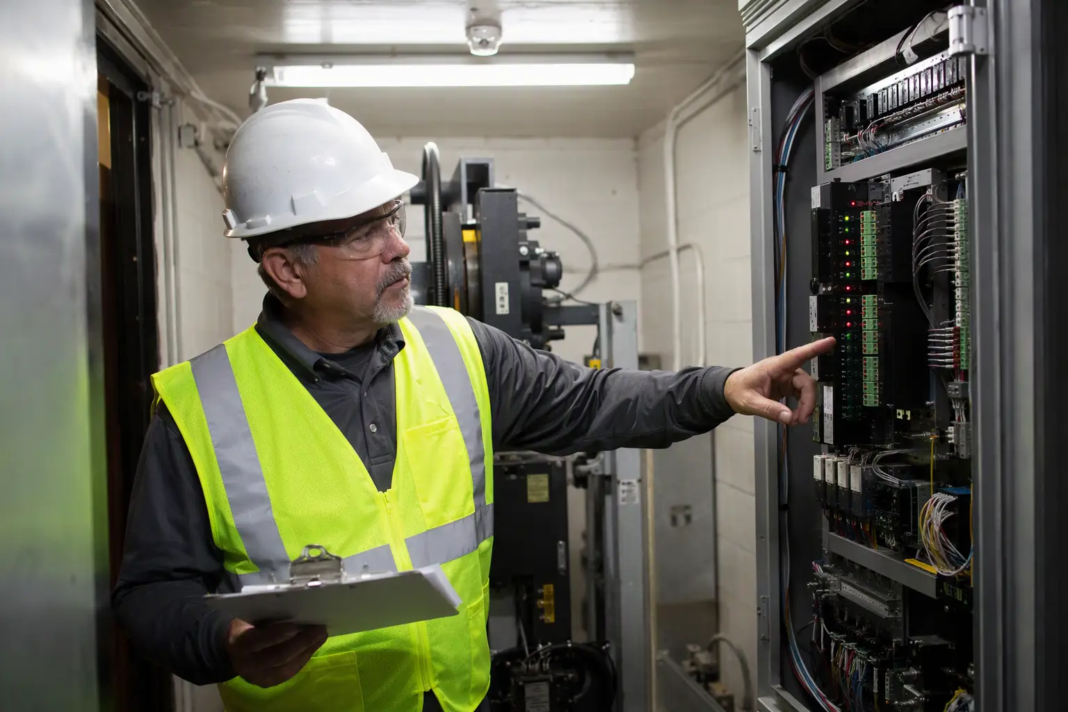 Certified Inspector Diagnosing Elevator Fault Codes A Cal/OSHA certified elevator inspector reviewing controller fault codes in a Long Beach machine room as part of an entrapment investigation
