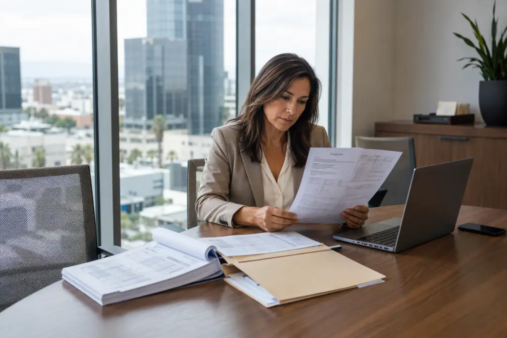 Building manager reviewing an elevator entrapment incident report and maintenance logs at a conference table in a Los Angeles mid-rise office