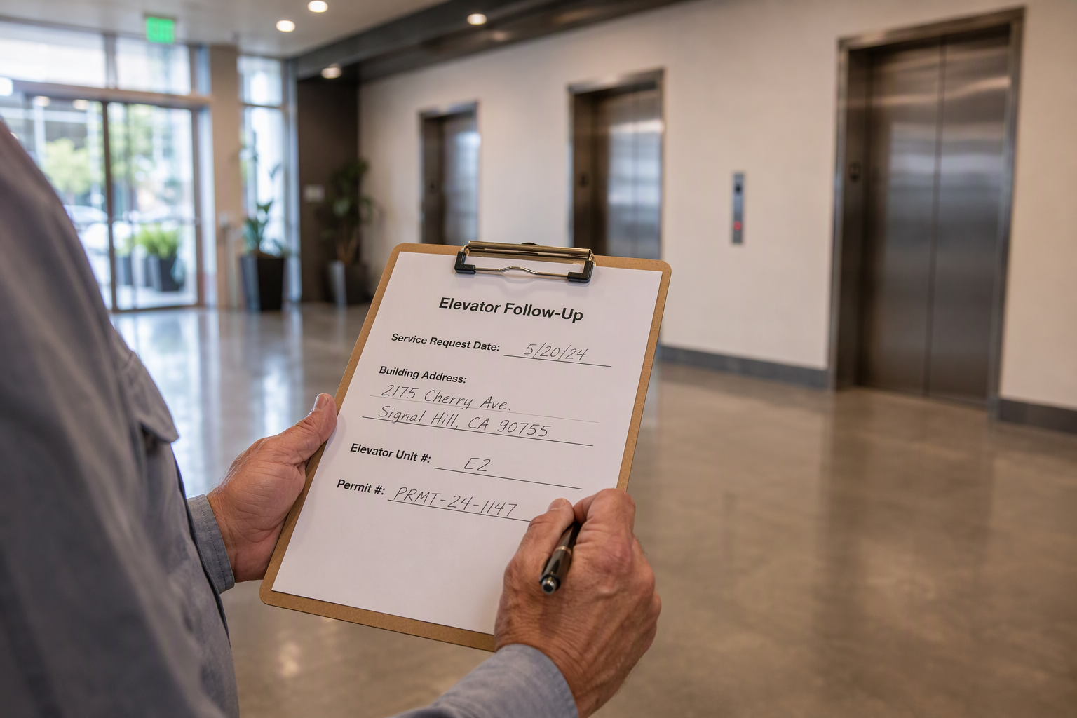 Facility manager holding a checklist of elevator unit details — permit number, service date, unit ID — needed before calling to follow up on a missing repair quote in Signal Hill CA