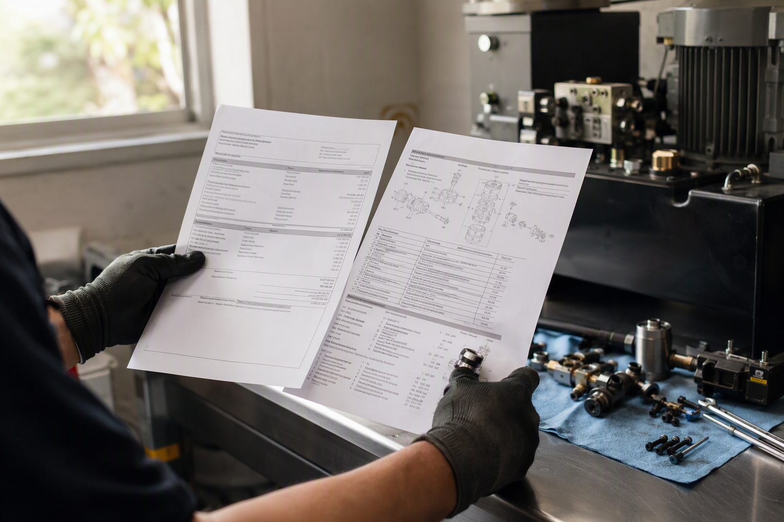 Elevator technician reviewing rope gripper pump parts specification and cost estimate documents at a machine room workbench in Los Angeles CA.