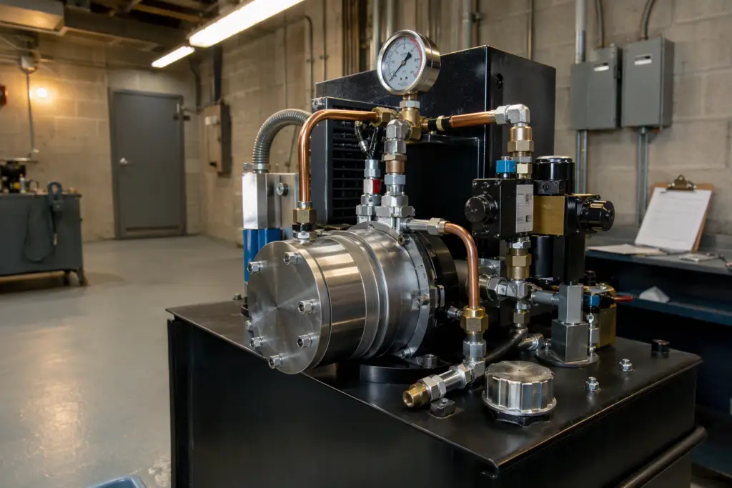Hydraulic elevator rope gripper pump assembly with copper lines and solenoid valves inside a Long Beach CA machine room, central to cost replacement estimates.