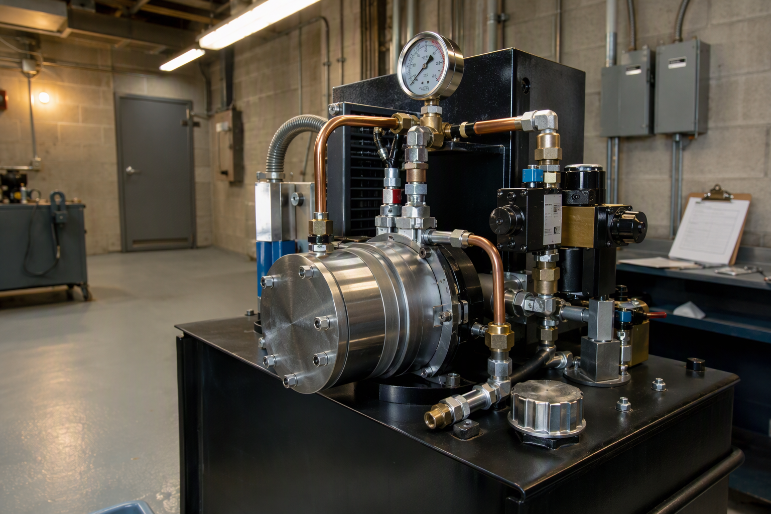 Hydraulic elevator rope gripper pump assembly with copper lines and solenoid valves inside a Long Beach CA machine room, central to cost replacement estimates.