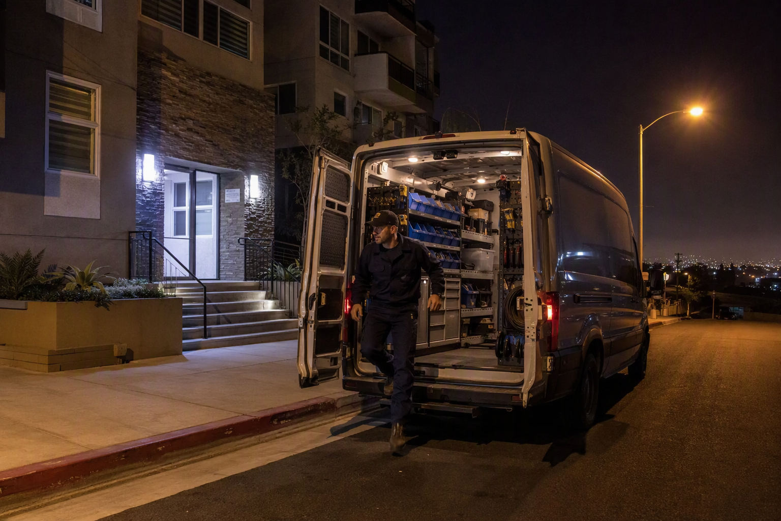 Emergency elevator repair service van arriving at a Signal Hill CA apartment building at night, representing the after-hours dispatch that triggers overtime pricing for emergency calls