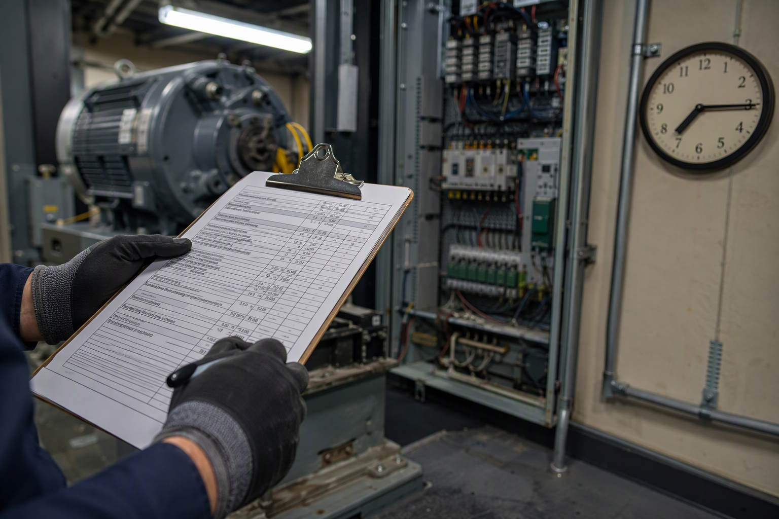 Elevator technician reviewing a labor rate worksheet in a machine room during an after-hours emergency repair call, illustrating how overtime multipliers are calculated