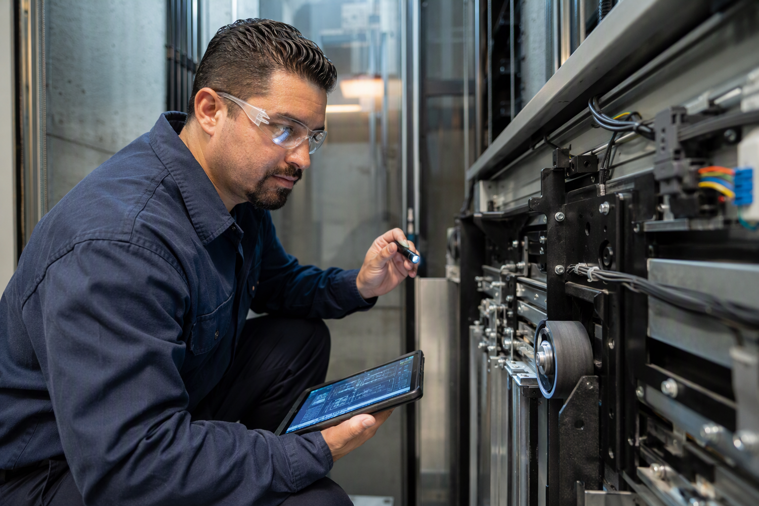 Elevator technician inspecting a door operator assembly with a diagnostic tablet during an on-site assessment to determine repair scope and estimate timeline.