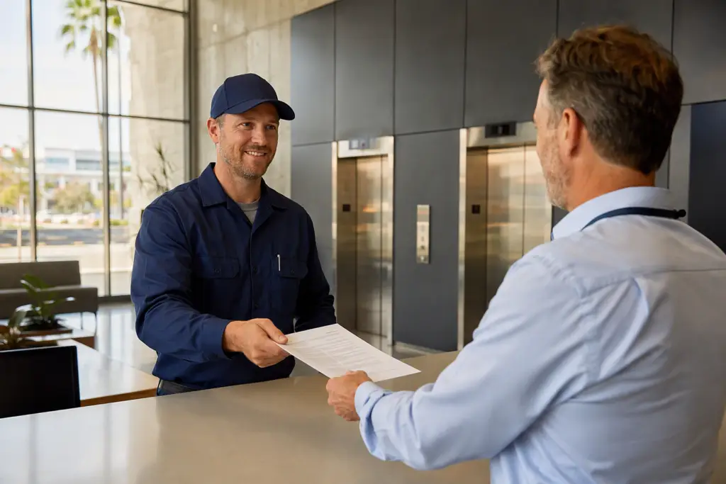 Elevator technician handing a written repair estimate to a building manager in a Long Beach commercial lobby with stainless-steel elevator doors visible in the background.