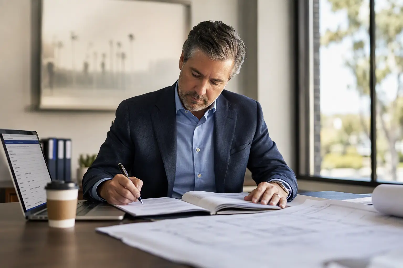 Building manager reviewing a detailed elevator modernization estimate and permit documents at an office desk, illustrating the longer timeline for complex repair projects.