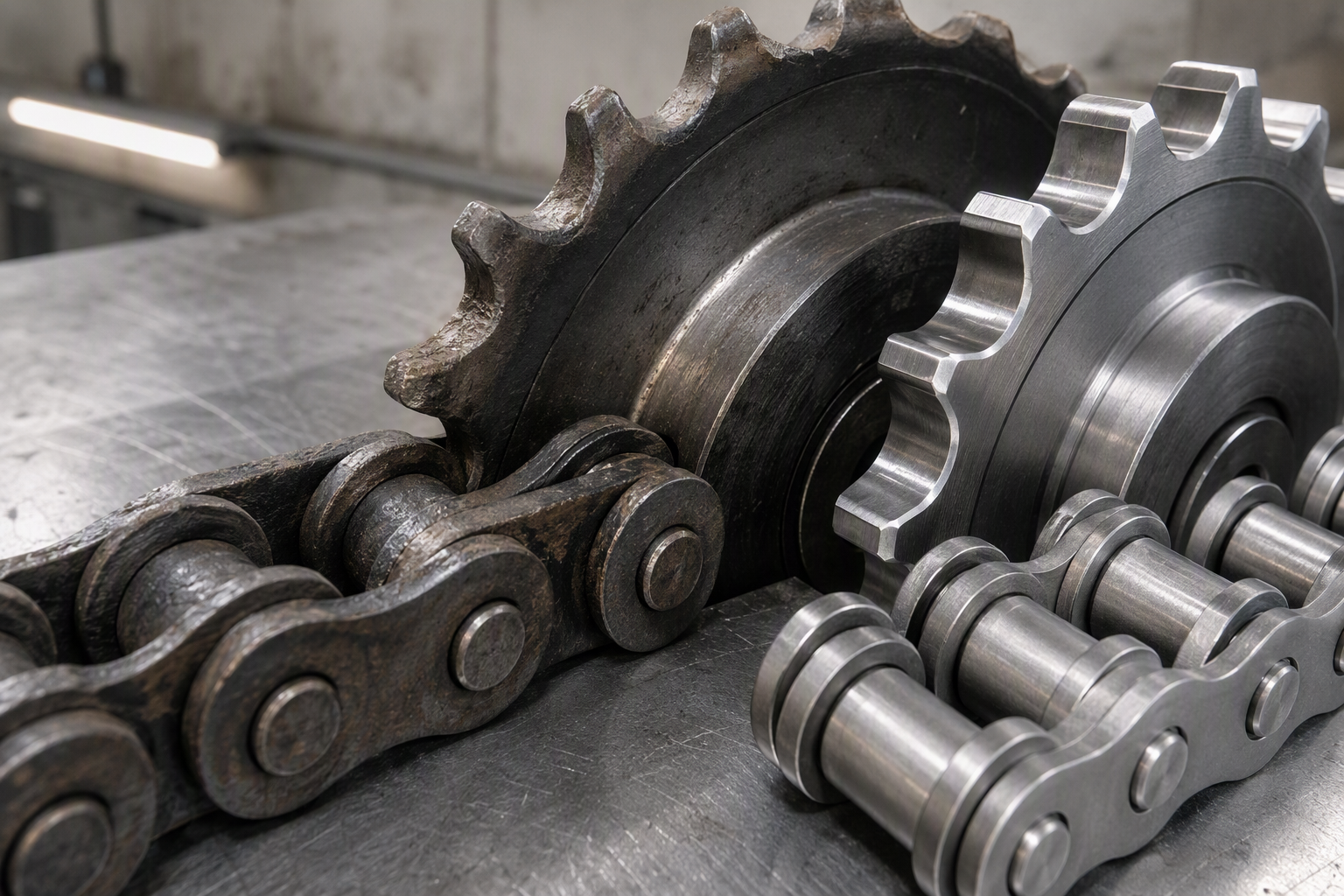 Worn escalator step chain and hooked sprocket teeth beside new replacement chain and sprocket, illustrating why paired replacement is industry-standard practice.