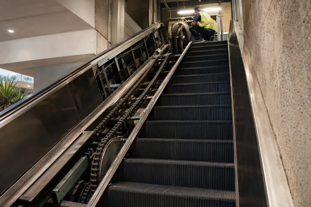 Escalator chain and sprocket replacement in progress at a Los Angeles commercial building, with worn step chain draped over the exposed drive sprocket during service.