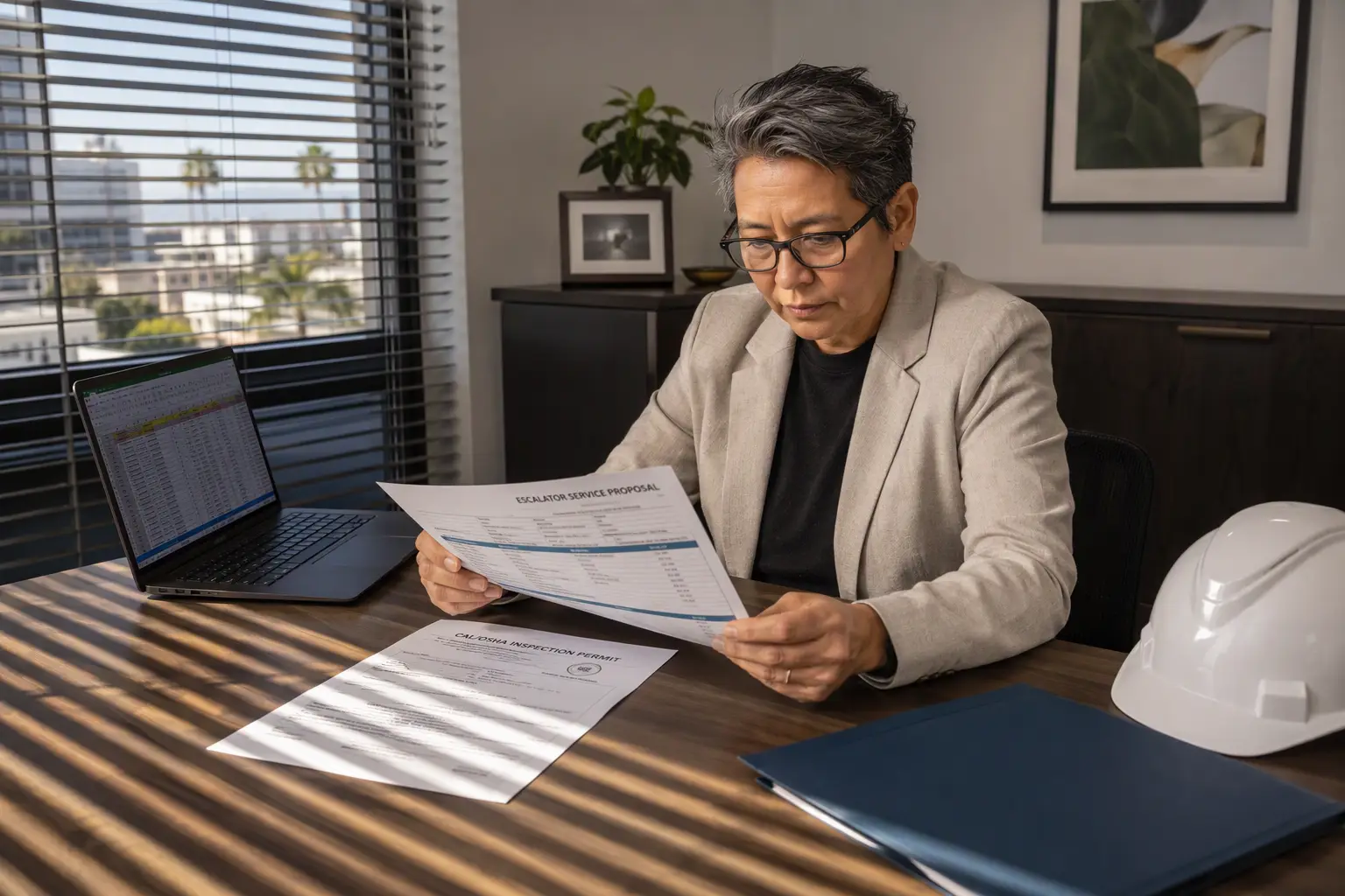 Facility manager reviewing escalator chain replacement cost estimate and Cal/OSHA inspection permit documents in a Southern California property management office.