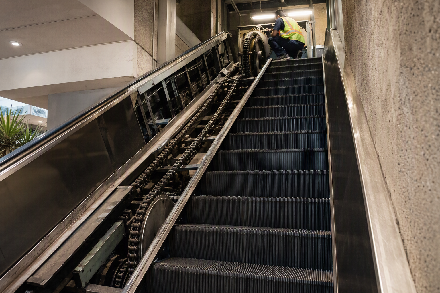 Escalator chain and sprocket replacement in progress at a Los Angeles commercial building, with worn step chain draped over the exposed drive sprocket during service.