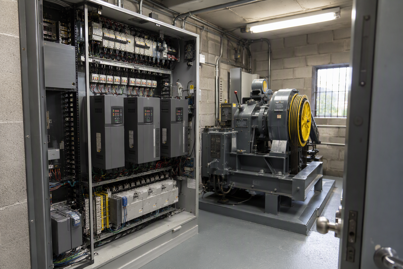 Elevator machine room in a Southern California commercial building showing traction controller, solid-state drives, and motor assembly — components whose coverage varies widely across maintenance cont