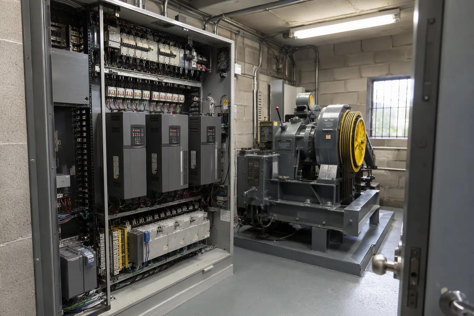 Elevator machine-room components often excluded from contracts Elevator machine room in a Southern California commercial building showing traction controller, solid-state drives, and motor assembly — components whose coverage varies widely across maintenance cont