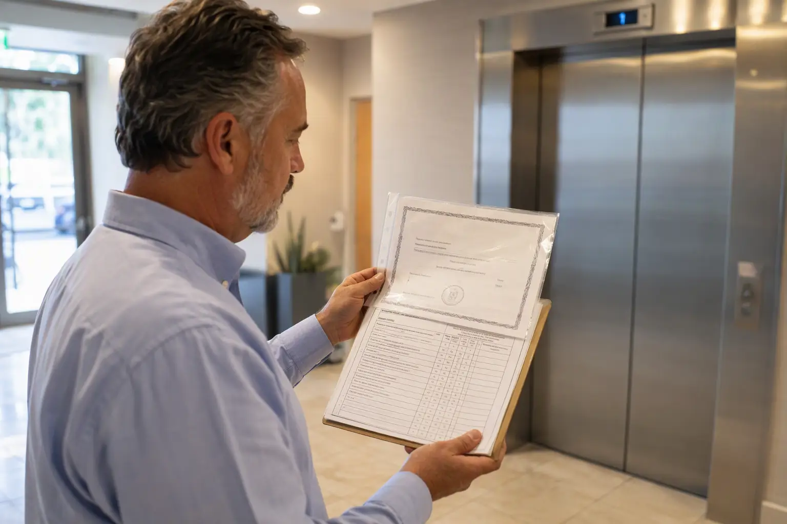 Reviewing Cal/OSHA inspection compliance before awarding a maintenance contract Facilities manager in a Long Beach commercial building lobby reviewing a Cal/OSHA elevator inspection certificate and compliance checklist before selecting an elevator maintenance vendor.