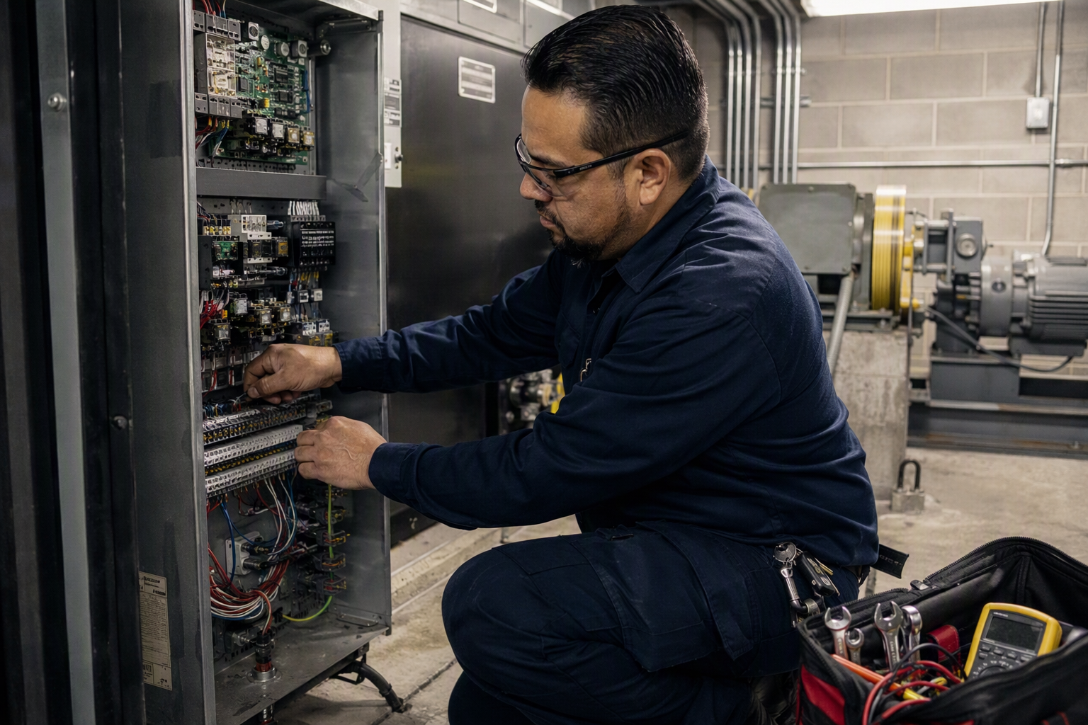 Cal/OSHA certified elevator mechanic repairing controller panel in machine room to meet California elevator safety code requirements after inspector shutdown