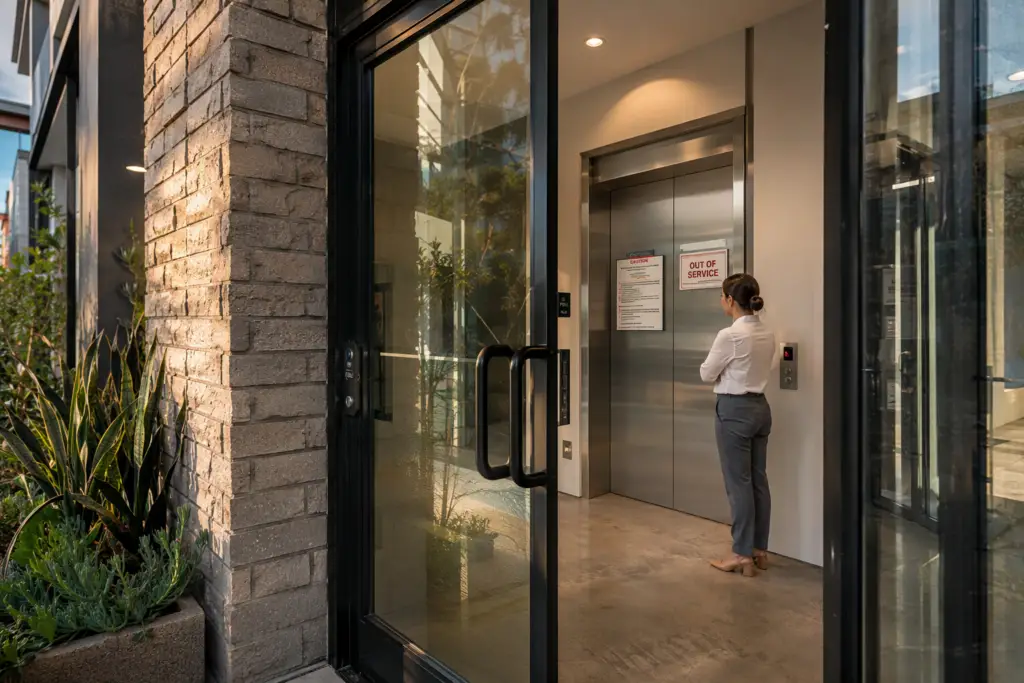 Building manager reading a Cal/OSHA elevator shutdown notice posted on a closed stainless steel elevator door in a Long Beach California apartment lobby