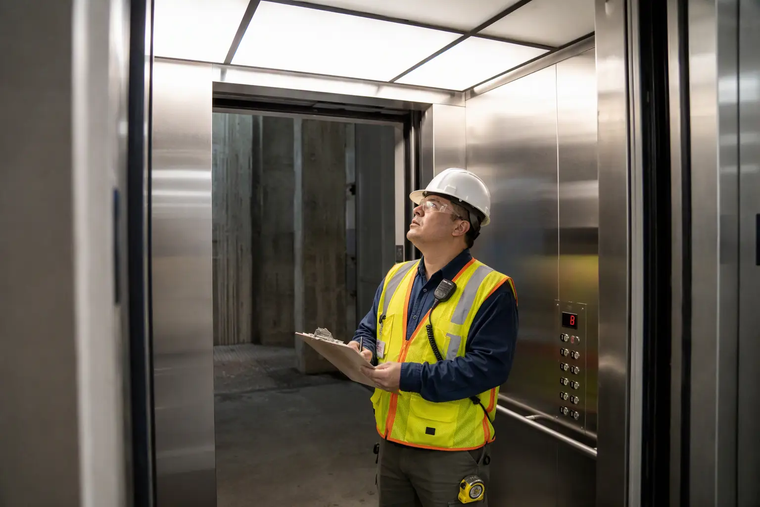 Cal/OSHA elevator inspector conducting official re-inspection inside elevator cab with open doors before issuing new California permit to operate