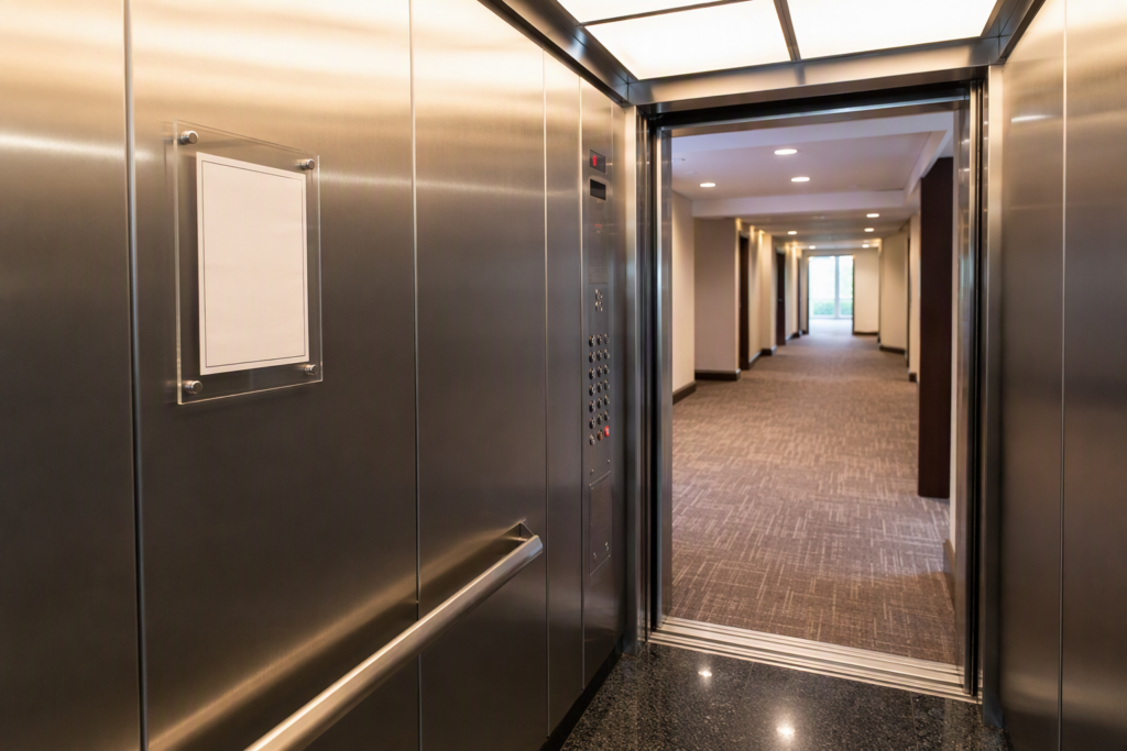 Cal/OSHA permit to operate posted inside a commercial elevator cab in a Long Beach office building, a key compliance requirement for California DOSH elevator audits.