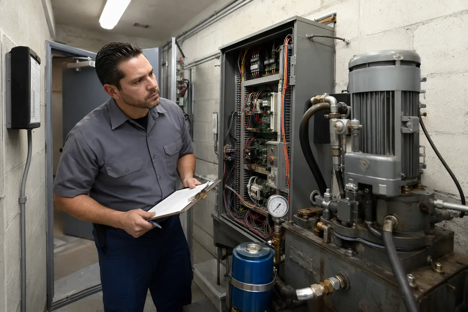 Elevator Machine Room Equipment Inspection Certified elevator mechanic inspecting a hydraulic power unit and controller in a Southern California machine room, ensuring equipment meets ASME A17.1 code before a Cal/OSHA audit.
