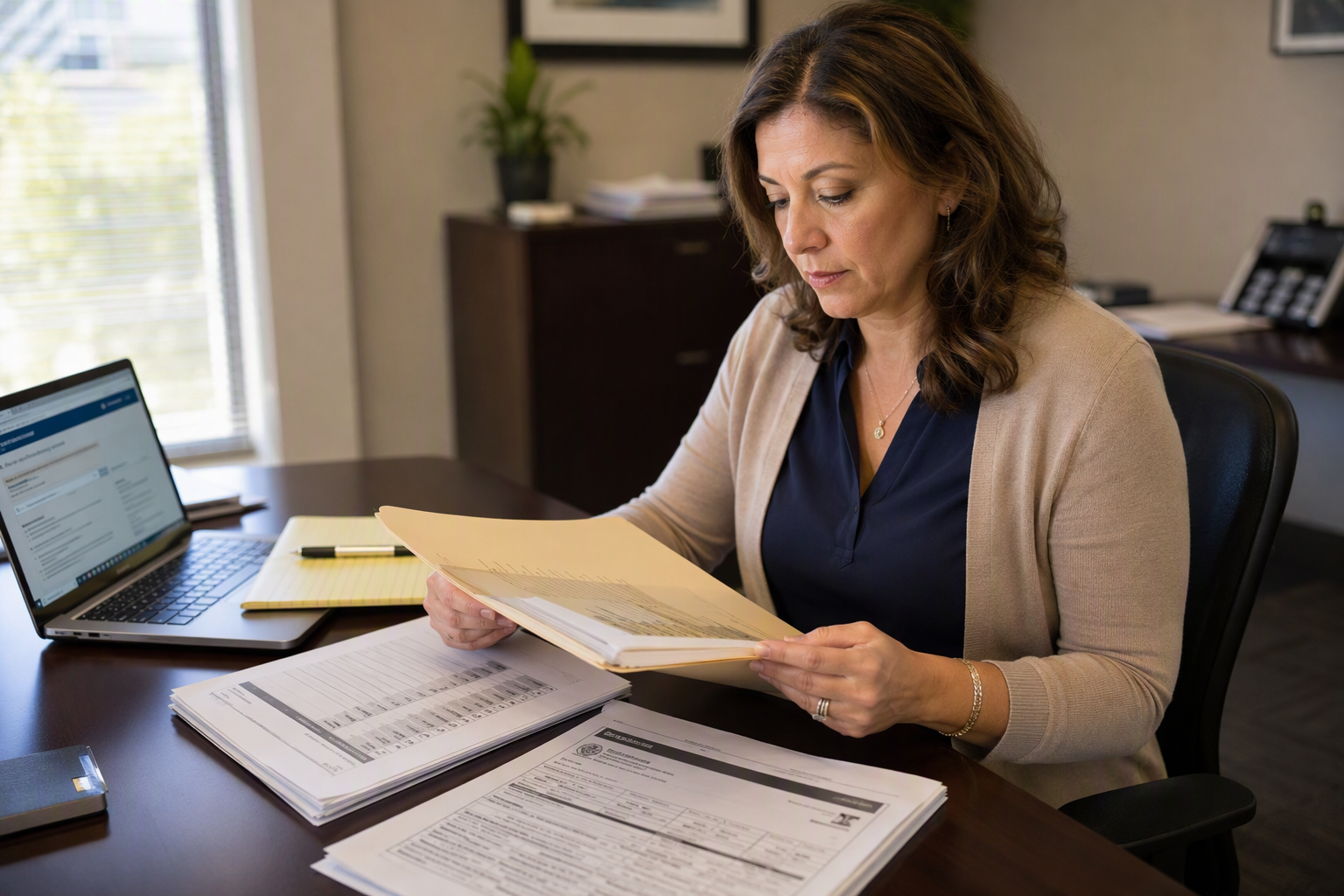 Property manager in a Long Beach CA office reviewing Cal/OSHA elevator inspection documents, maintenance logs, and permit paperwork required for a DOSH compliance inspection.