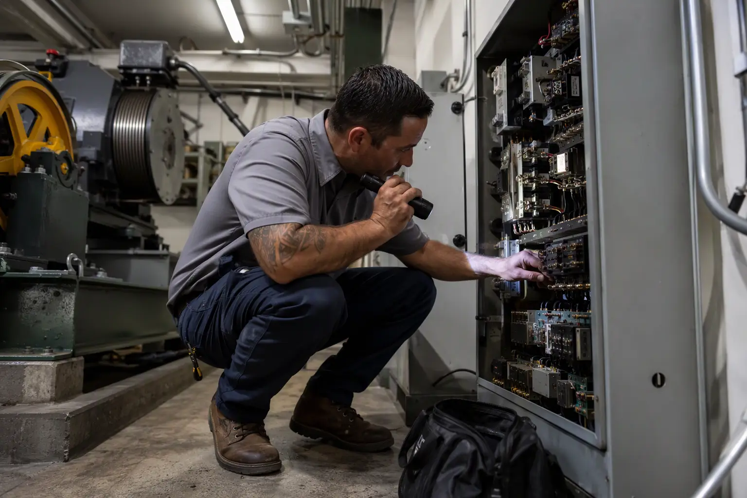 Certified elevator mechanic inspecting a traction elevator controller in a machine room during pre-inspection maintenance for a California DOSH Cal/OSHA elevator compliance check.