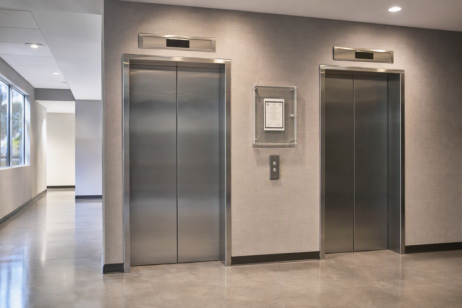 Commercial elevator lobby in a Signal Hill CA building with Cal/OSHA permit to operate posted on the wall beside stainless steel elevator doors, inspection-ready.
