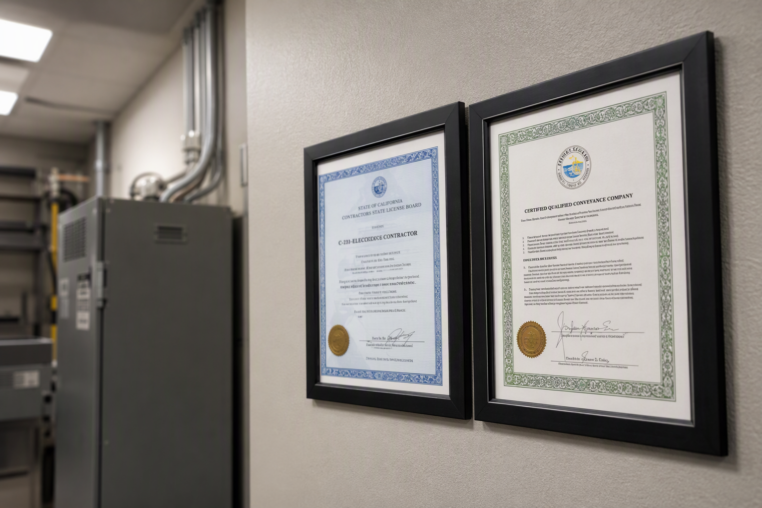 Framed C-11 elevator contractor license and Cal/OSHA CQCC certification on a machine room wall, confirming California licensing requirements for warranted elevator repairs