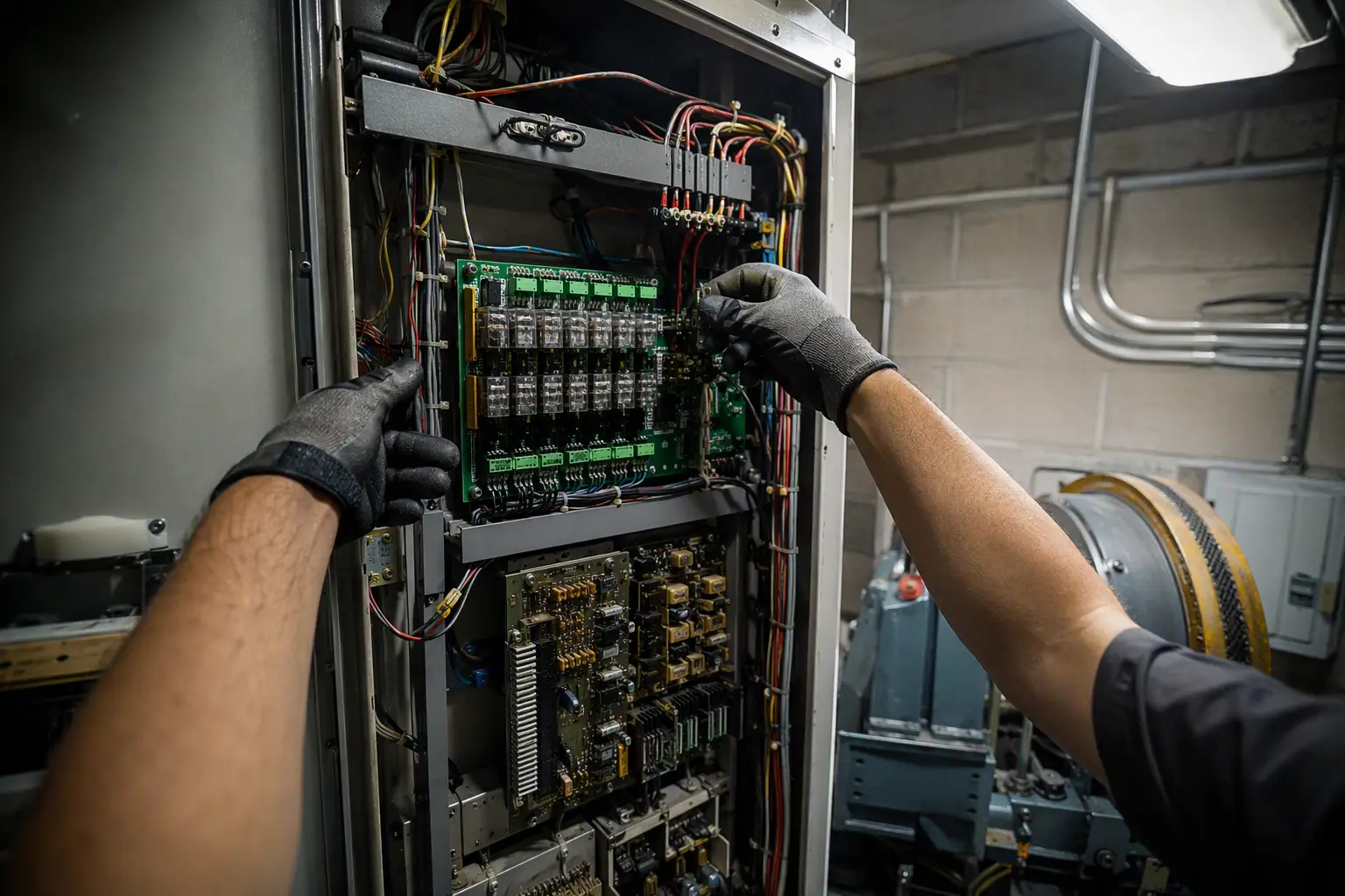 Elevator technician inspecting a recently replaced relay board inside a controller cabinet during a warranty callback evaluation in a Los Angeles area machine room