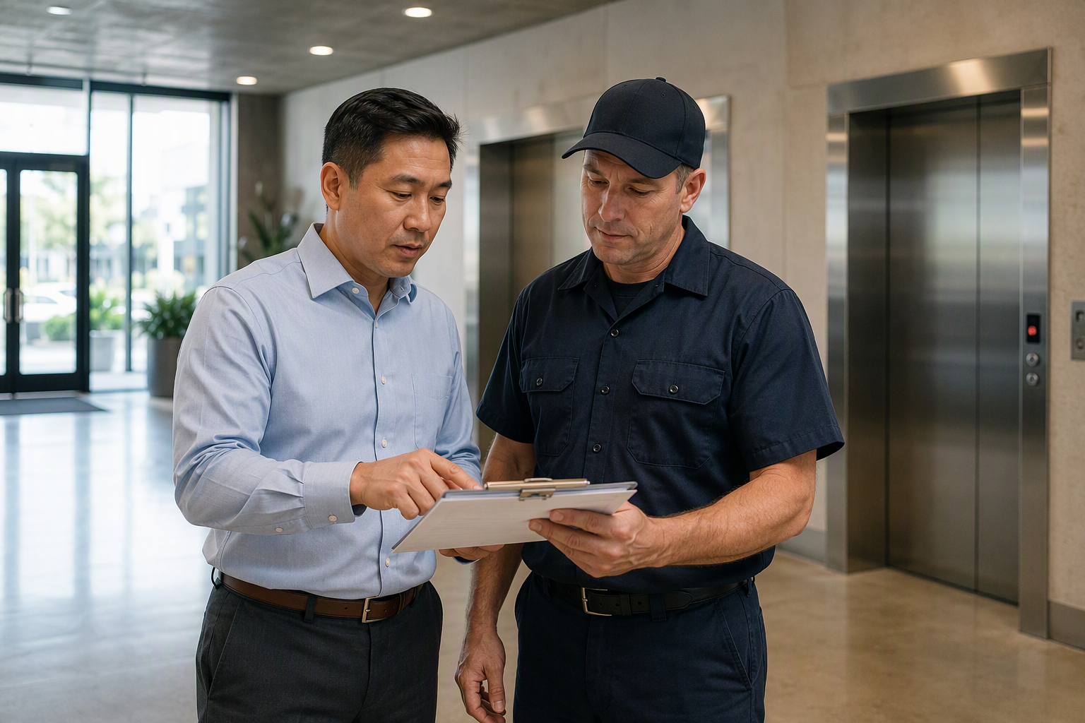 Facilities manager and certified elevator technician reviewing elevator repair warranty documentation in a Long Beach CA commercial building corridor