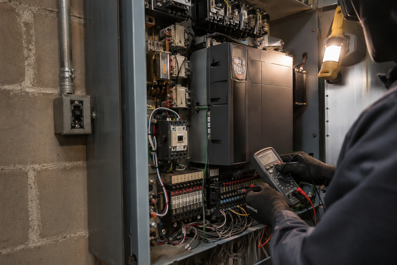 Elevator Controller Diagnostic — Machine Room Detail Elevator technician using a multimeter to diagnose a controller cabinet in a California machine room, illustrating ASME A17.1 lift tech mechanical systems