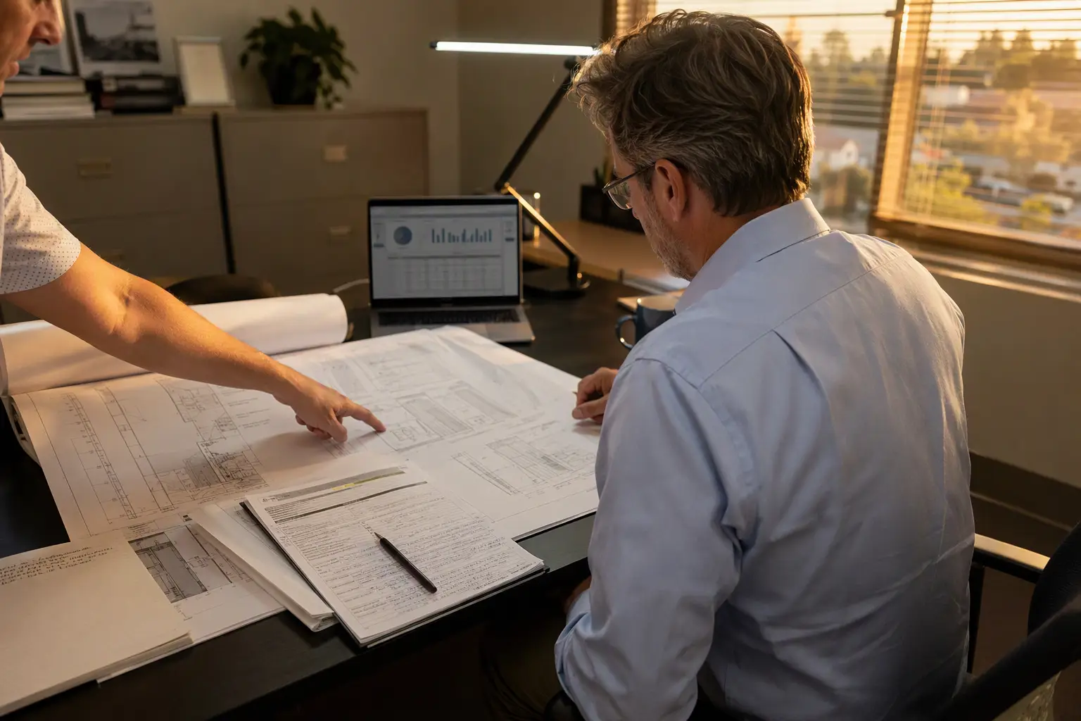 Building Manager Reviews Lift Tech Modernization Data Building manager reviewing lift tech elevator modernization drawings and Cal/OSHA inspection data reports at a property management desk in Southern California