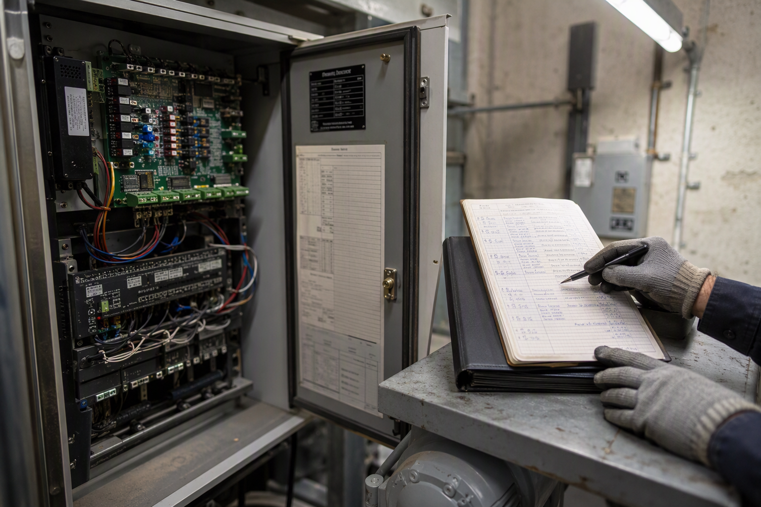 Machine Room Controller and Maintenance Log Review Elevator technician reviewing maintenance logbook beside open controller cabinet in a hospital machine room during California Cal/OSHA inspection preparation