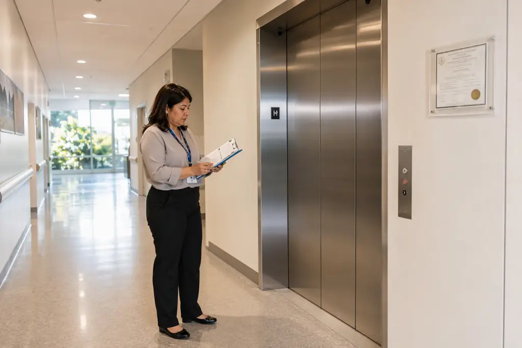 Healthcare building facilities manager reviewing elevator inspection checklist beside stainless-steel elevator doors with Cal/OSHA permit posted in Long Beach CA hospital