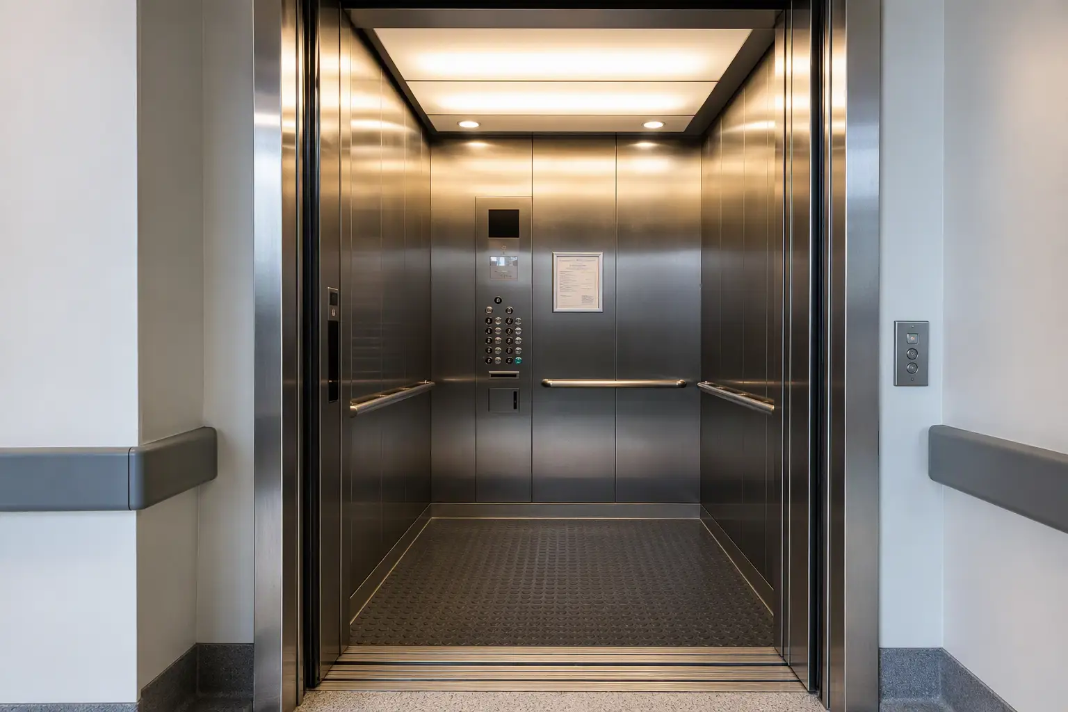 ADA-Compliant Elevator Cab Interior Ready for Inspection ADA-compliant hospital elevator cab interior showing Braille control panel, handrails, and posted Cal/OSHA permit to operate in a Southern California healthcare facility