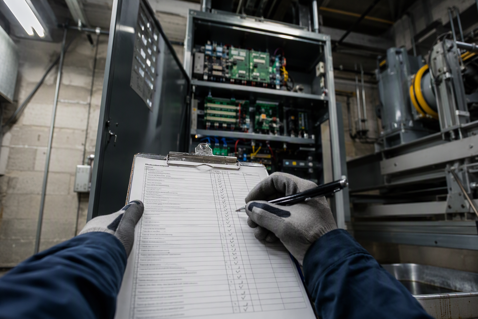 Elevator technician completing a preventive maintenance checklist inside a commercial building machine room, verifying controller, brakes, and lubrication on a scheduled service visit