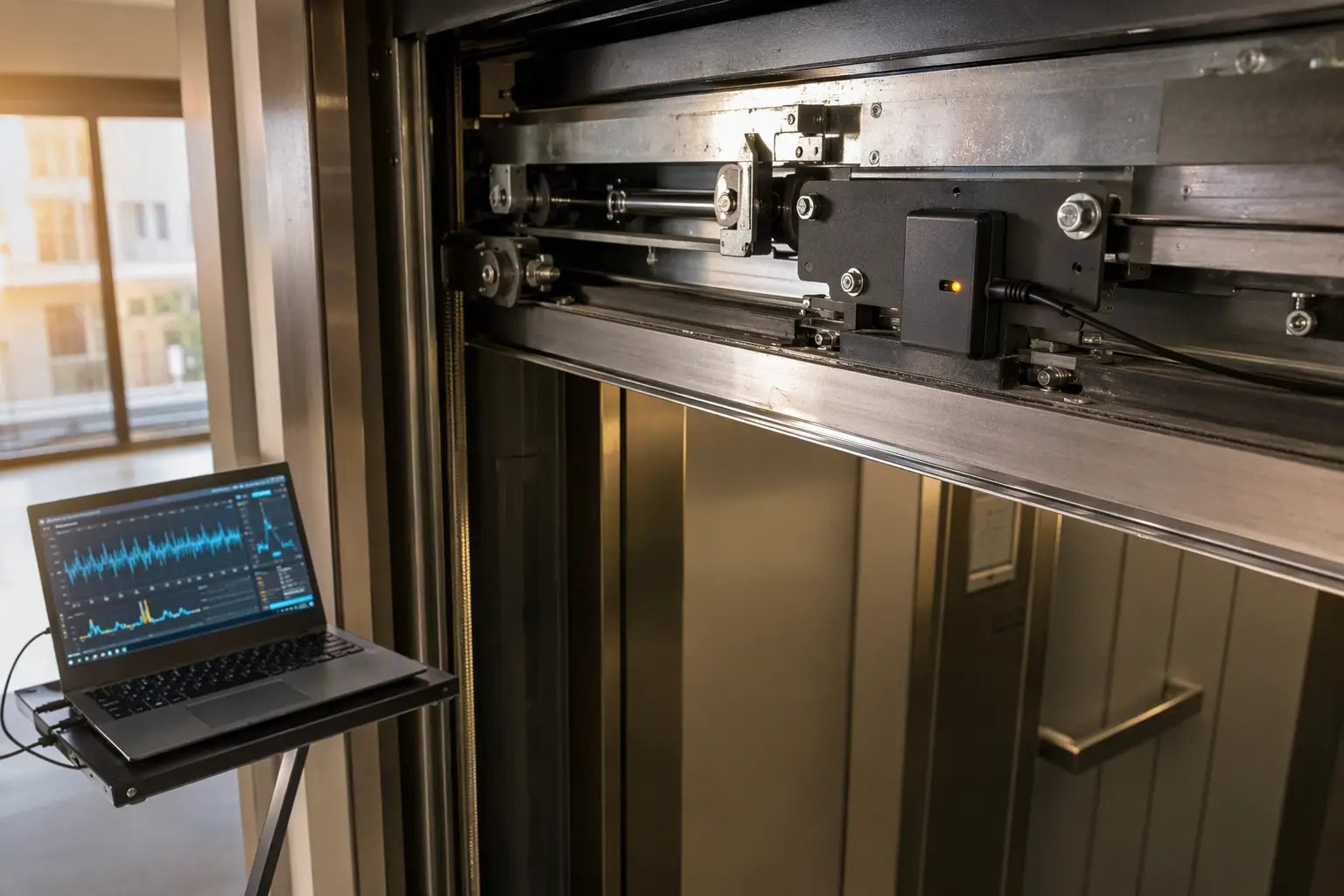 IoT sensor mounted on a commercial elevator door operator in a Los Angeles building transmitting condition-based monitoring data to a cloud diagnostic dashboard