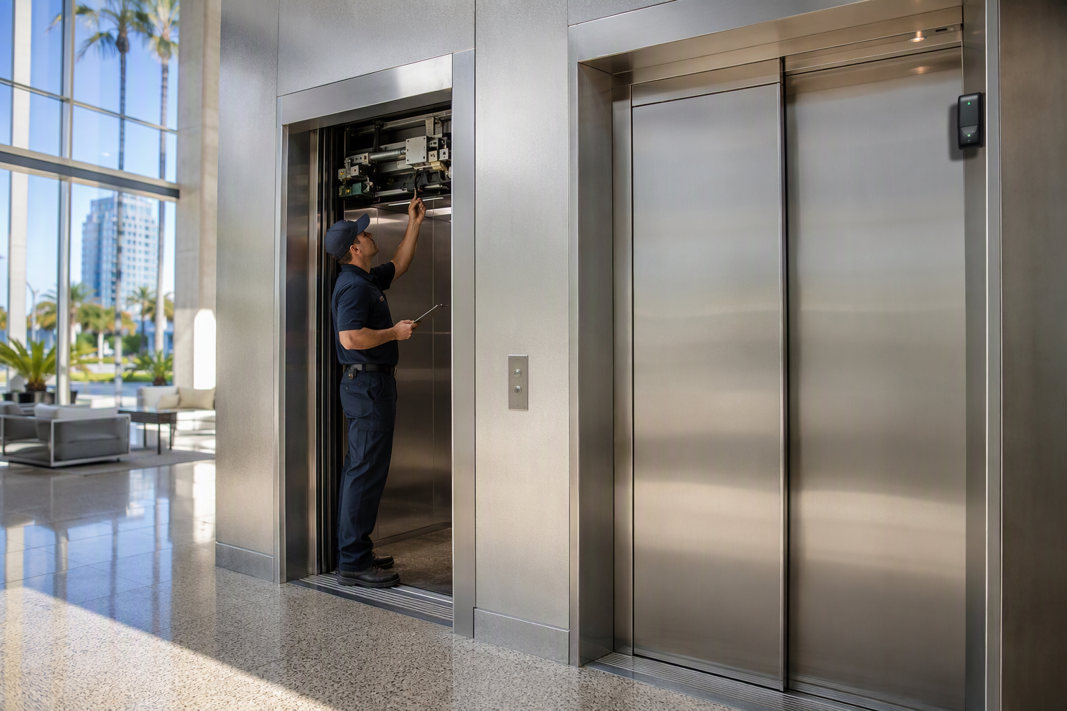 Elevator preventive maintenance technician inspecting door operator beside an elevator with IoT condition-based monitoring sensor in a Long Beach CA commercial office lobby