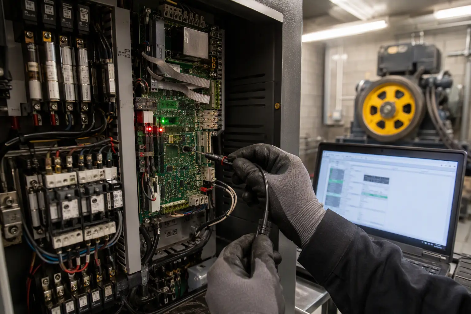 Elevator technician connecting a laptop to a controller drive board in a Long Beach machine room to diagnose the root cause of a passenger entrapment after a reset.