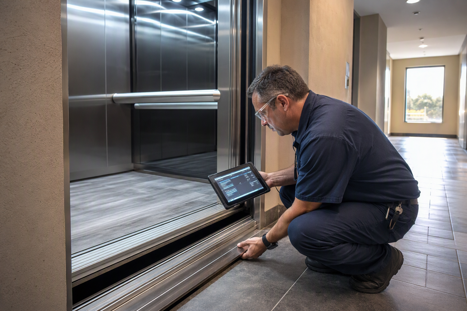 Elevator technician inspecting a cab that stopped above floor level after a passenger entrapment, reviewing fault codes on a diagnostic tablet in a Los Angeles office building.